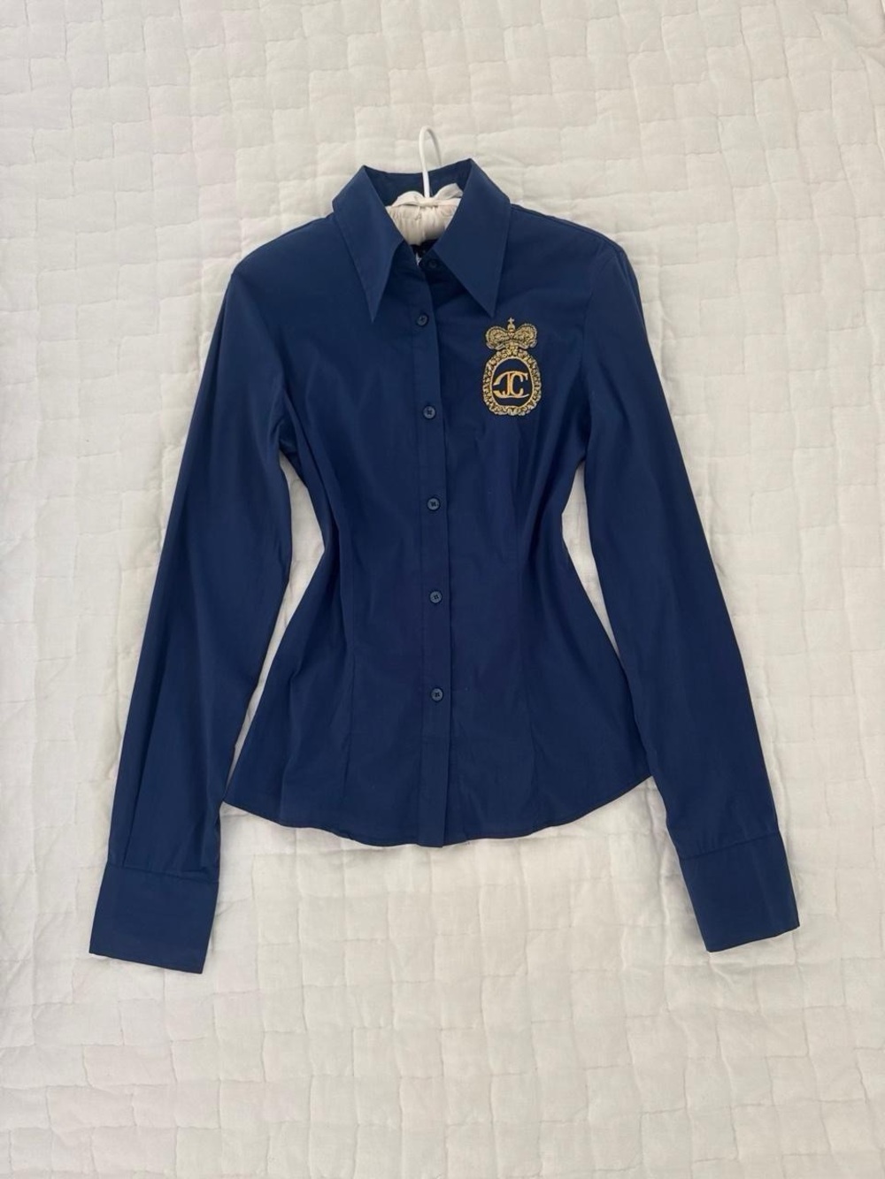 Roberto Cavalli Navy Button-Down Shirt with Gold Crest